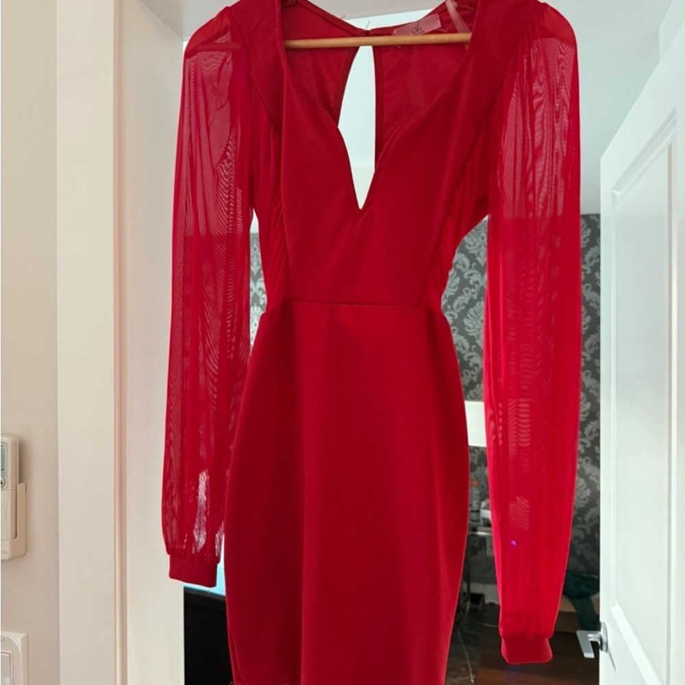 Elegant Red Dress with Sheer Sleeves